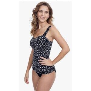 NWT PROFILE BY GOTTEX Sz 32E Tankini Top Swimsuit Navy White Pattern NEW Bra Cup
